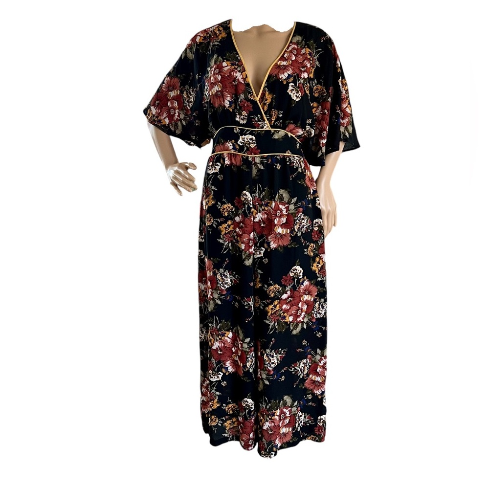 June & Hudson Floral Print Jumpsuit Romper Pants Kimono Sleeve Slit Open Back